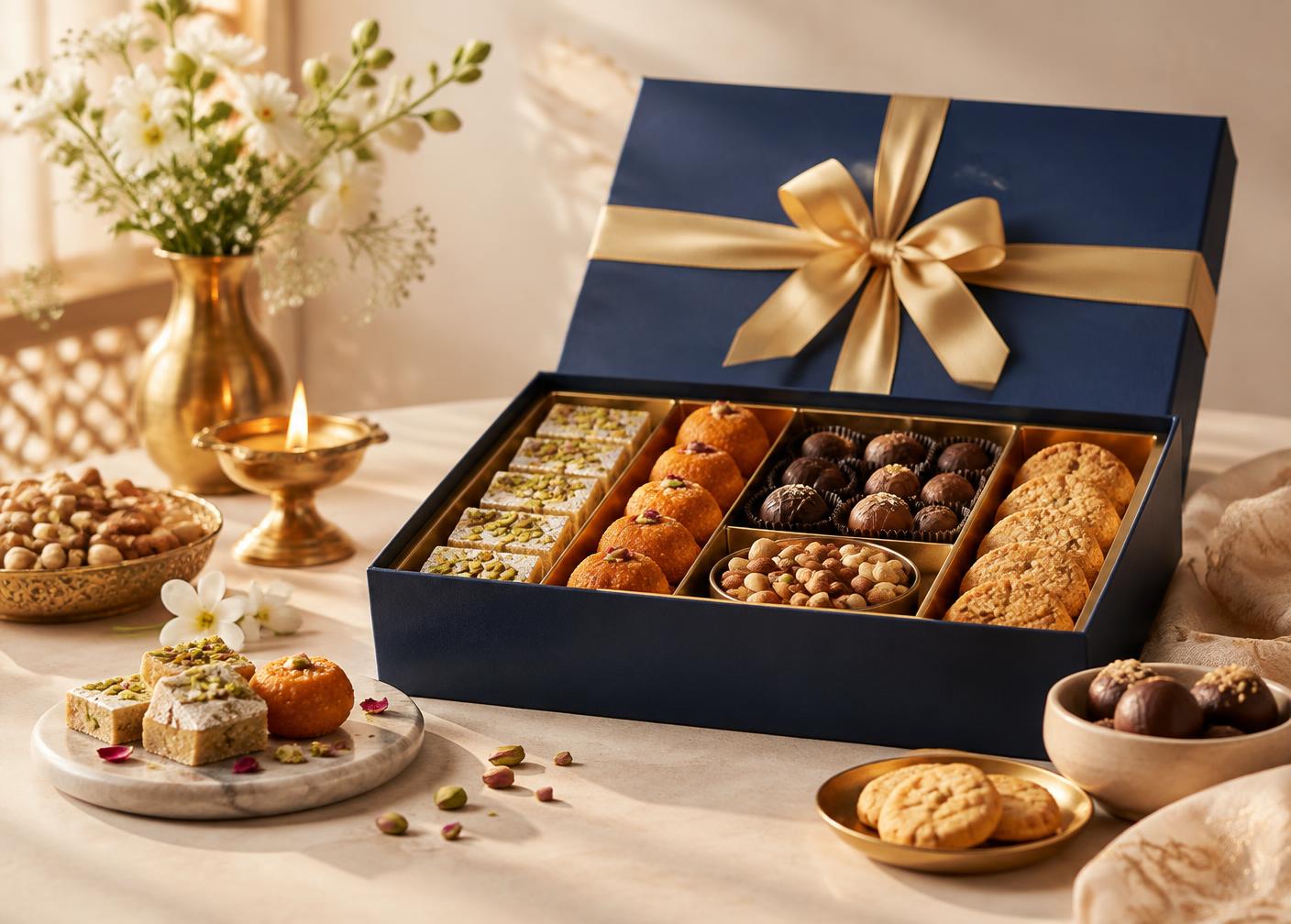 Festive gift hamper with mithai, chocolates and flowers