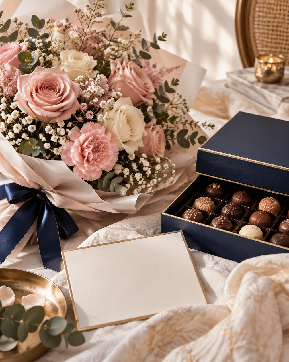 Flowers and chocolates arranged for a thoughtful gift