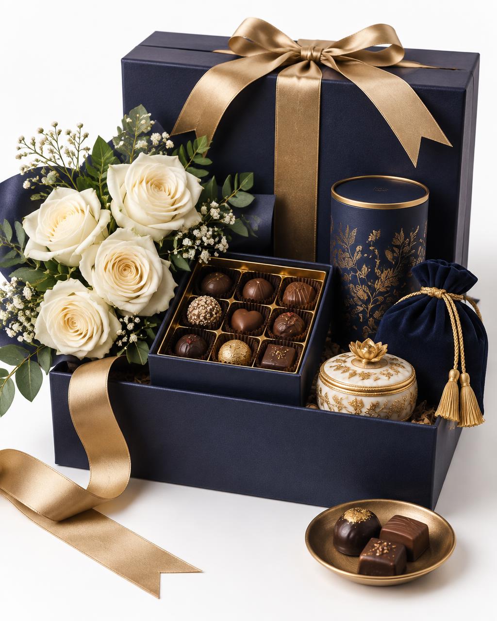 Luxury navy and gold Happy Hamper gift arrangement